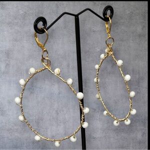 Large White & gold tone beaded earrings hoops